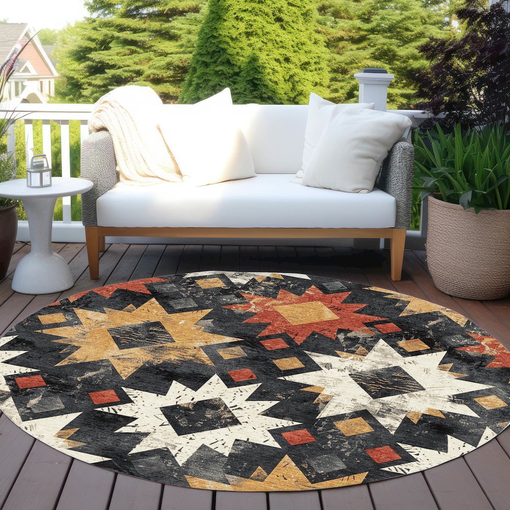 Machine Washable Indoor/Outdoor Chantille Black 8' x 8' Round Rug
