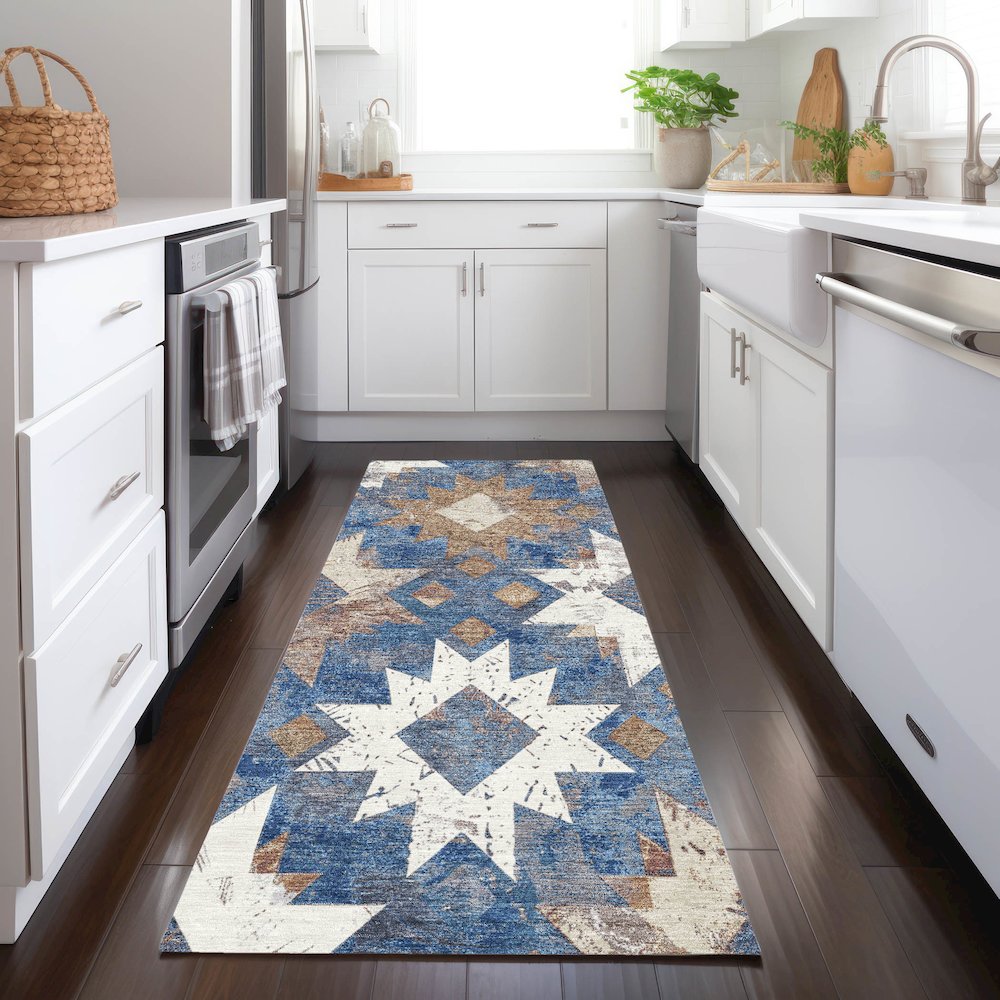 Machine Washable Indoor/Outdoor Chantille Blue 2'3" x 7'6" Runner Rug