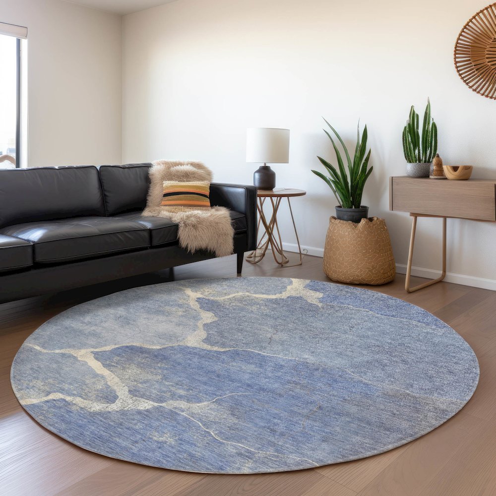 Machine Washable Indoor/Outdoor Chantille Denim 8' x 8' Round Rug