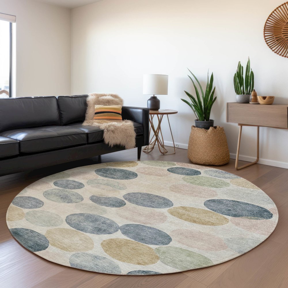 Machine Washable Indoor/Outdoor Chantille Beige 8' x 8' Round Rug
