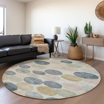 Machine Washable Indoor/Outdoor Chantille Beige 8' x 8' Round Rug