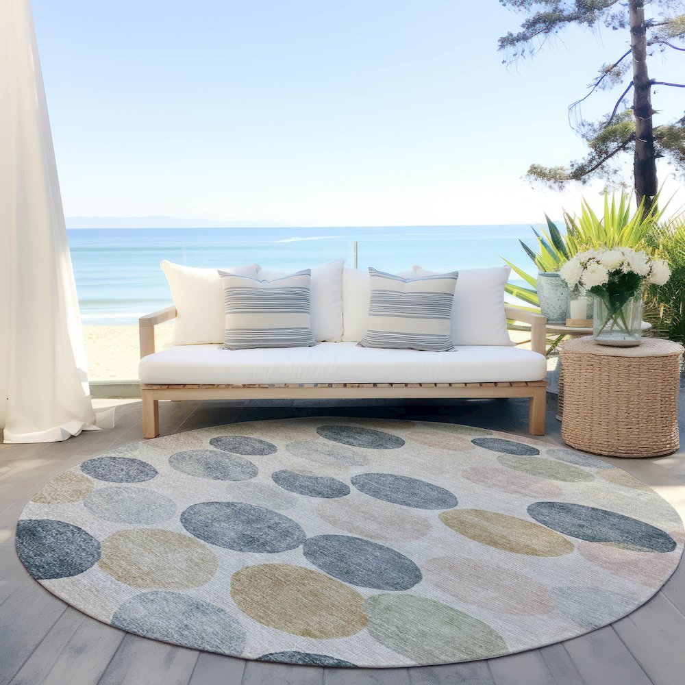 Machine Washable Indoor/Outdoor Chantille Beige 8' x 8' Round Rug