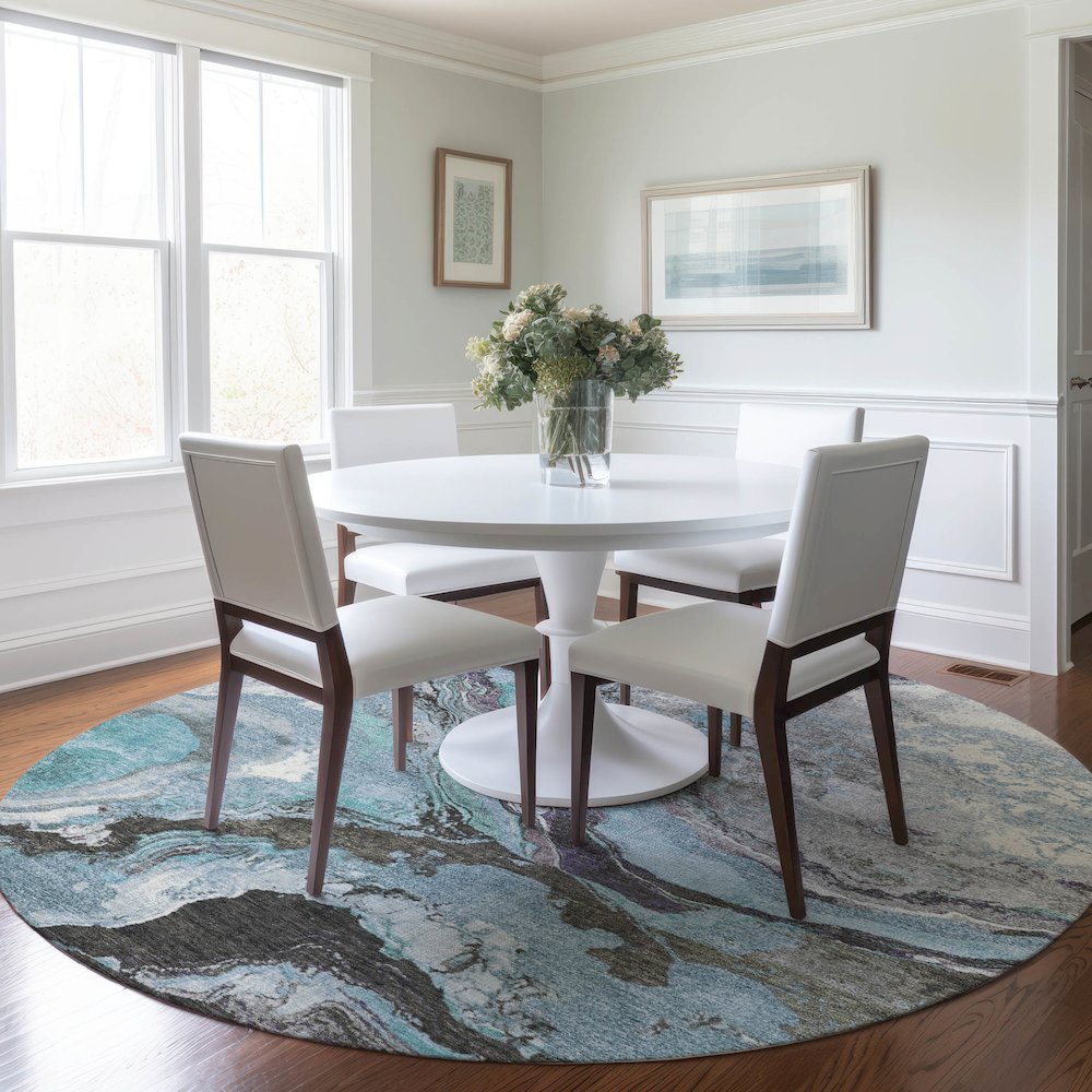 Machine Washable Indoor/Outdoor Chantille Teal 8' x 8' Round Rug
