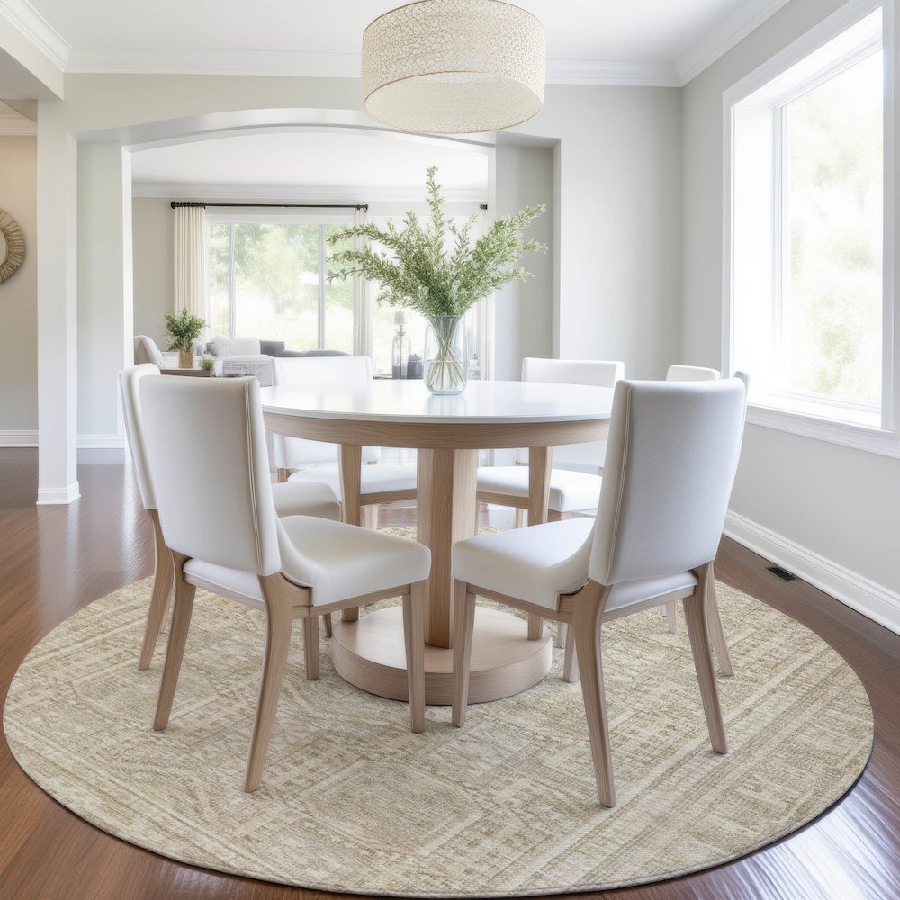 Machine Washable Indoor/Outdoor Chantille Beige 8' x 8' Round Rug