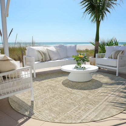 Machine Washable Indoor/Outdoor Chantille Beige 8' x 8' Round Rug