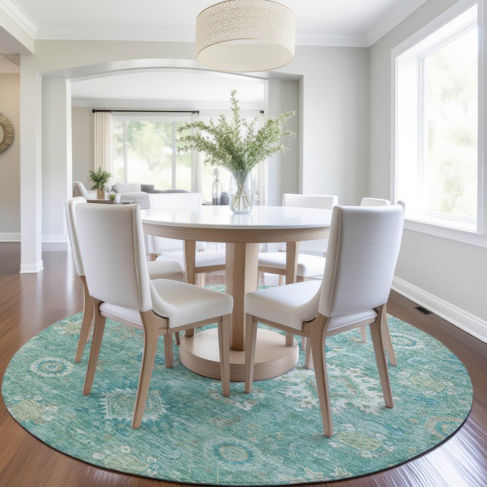 Machine Washable Indoor/Outdoor Chantille Teal 8' x 8' Round Rug
