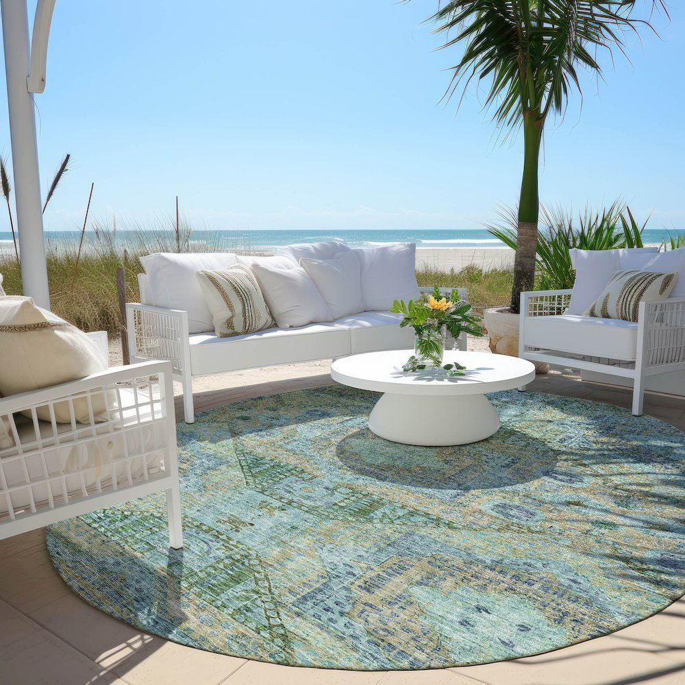 Machine Washable Indoor/Outdoor Chantille Green 8' x 8' Round Rug