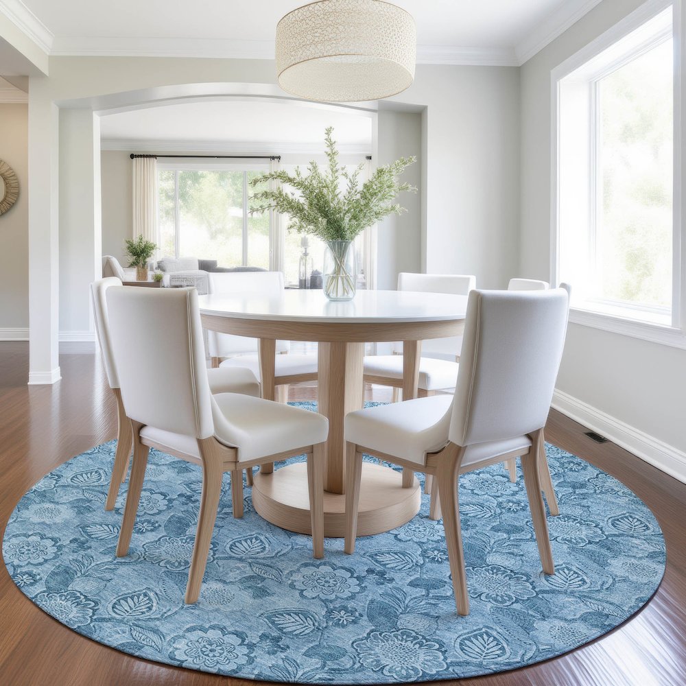 Machine Washable Indoor/Outdoor Chantille Blue 8' x 8' Round Rug