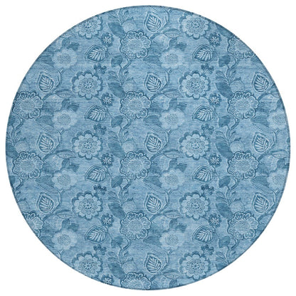 Machine Washable Indoor/Outdoor Chantille Blue 8' x 8' Round Rug