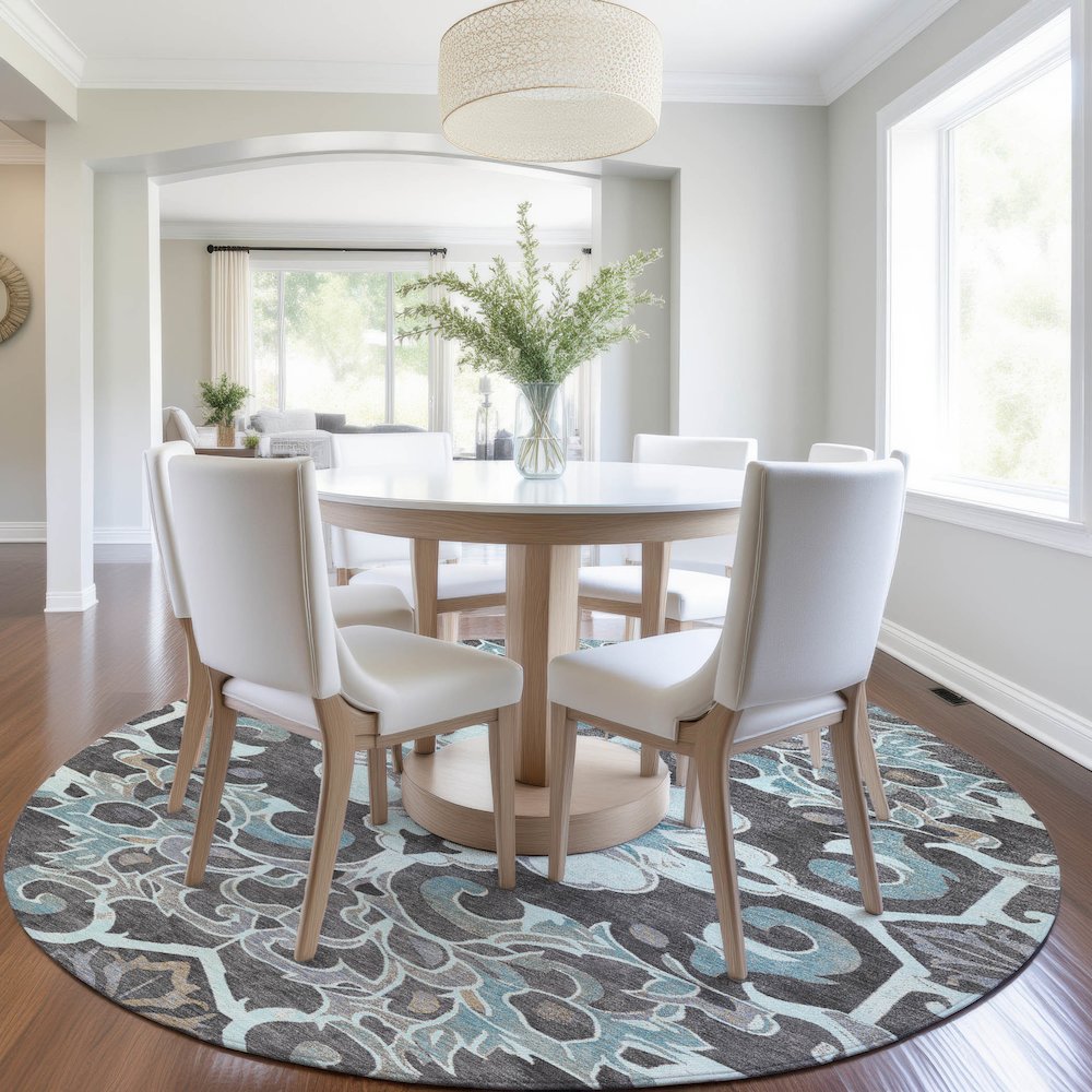 Machine Washable Indoor/Outdoor Chantille Teal 8' x 8' Round Rug