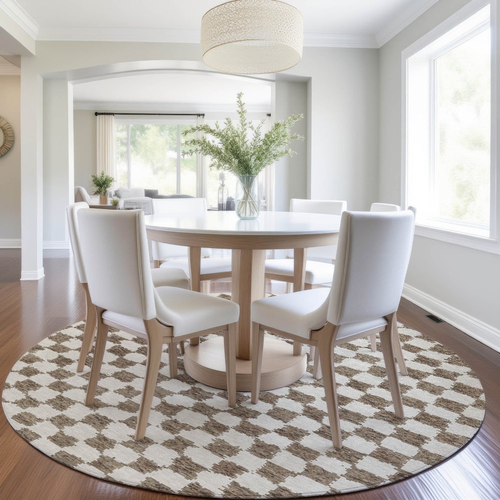 Machine Washable Indoor/Outdoor Chantille Brown 8' x 8' Round Rug