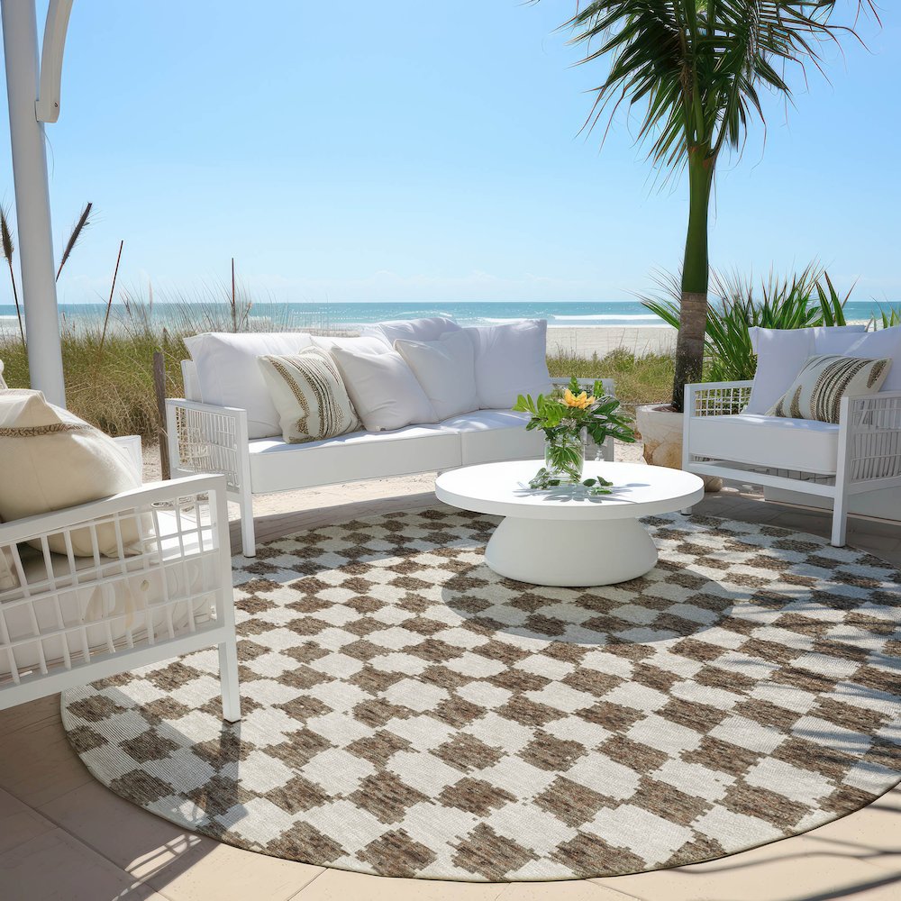 Machine Washable Indoor/Outdoor Chantille Brown 8' x 8' Round Rug
