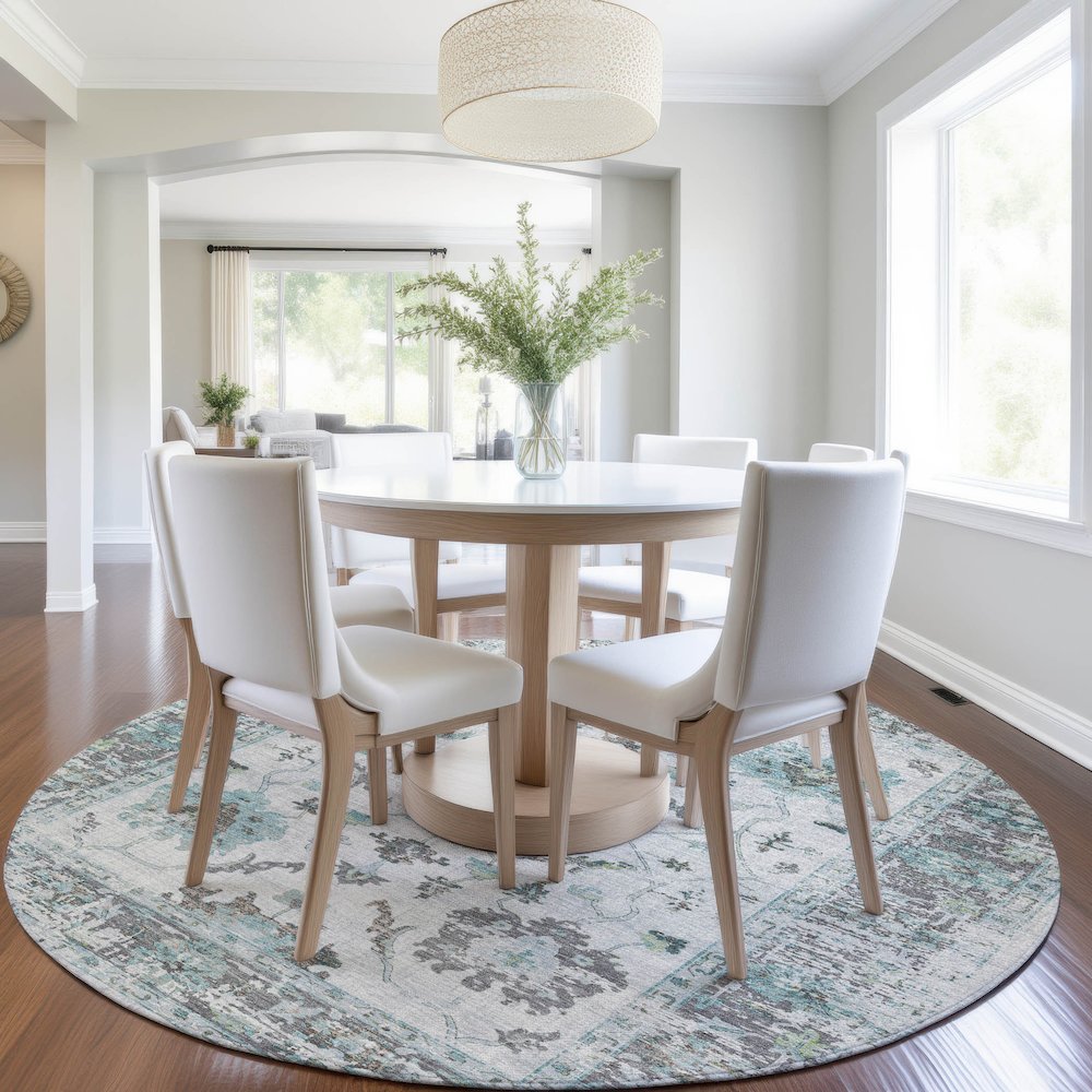 Machine Washable Indoor/Outdoor Chantille Teal 8' x 8' Round Rug