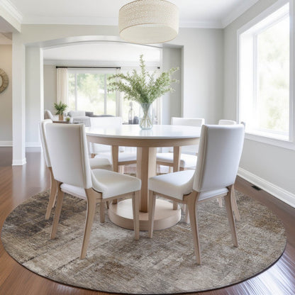 Machine Washable Indoor/Outdoor Chantille Brown 8' x 8' Round Rug