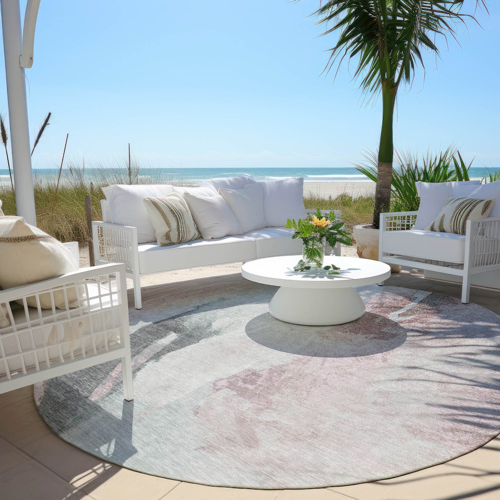 Machine Washable Indoor/Outdoor Chantille Blush 8' x 8' Round Rug