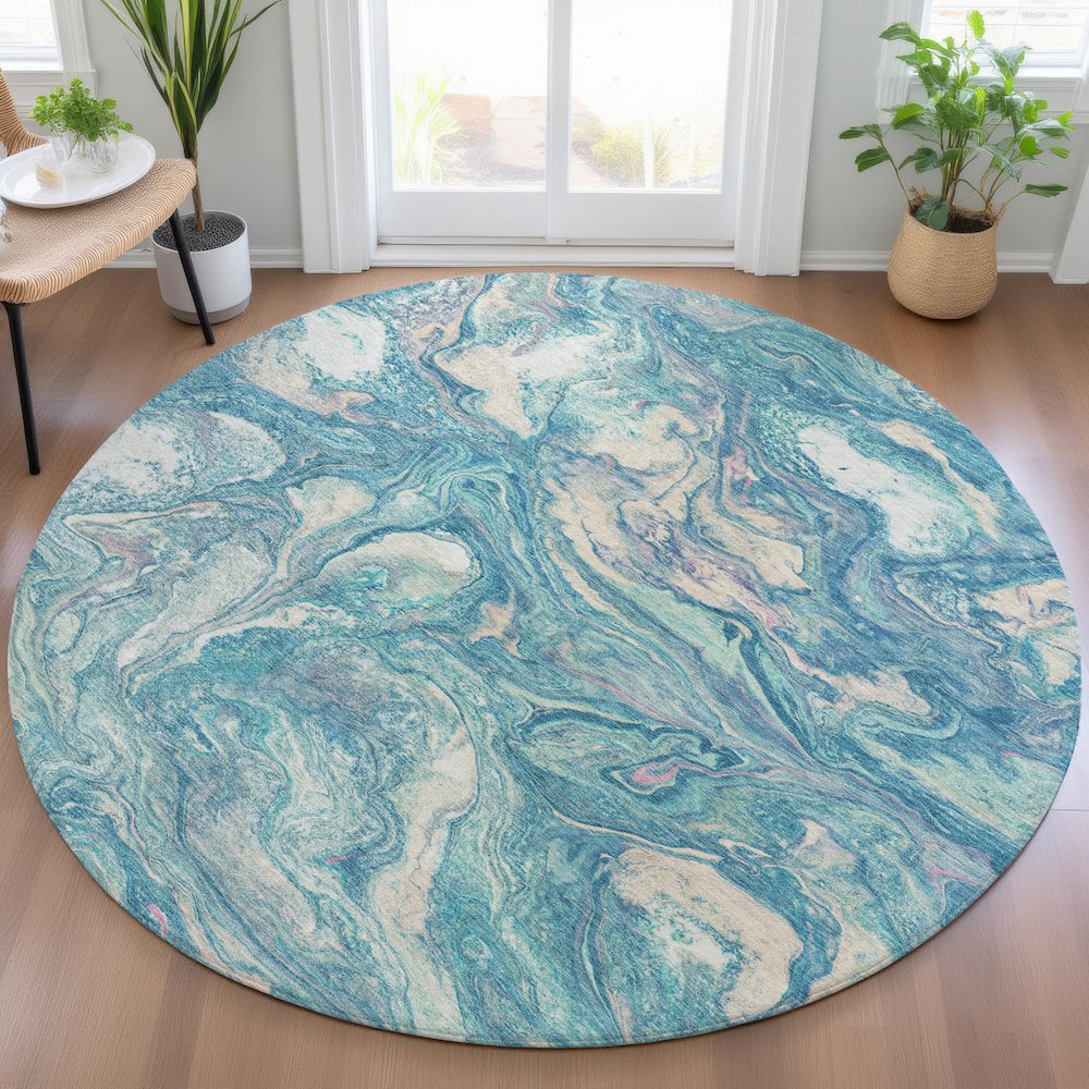Machine Washable Indoor/Outdoor Chantille ACN2017 Teal 8' x 8' Round Rug