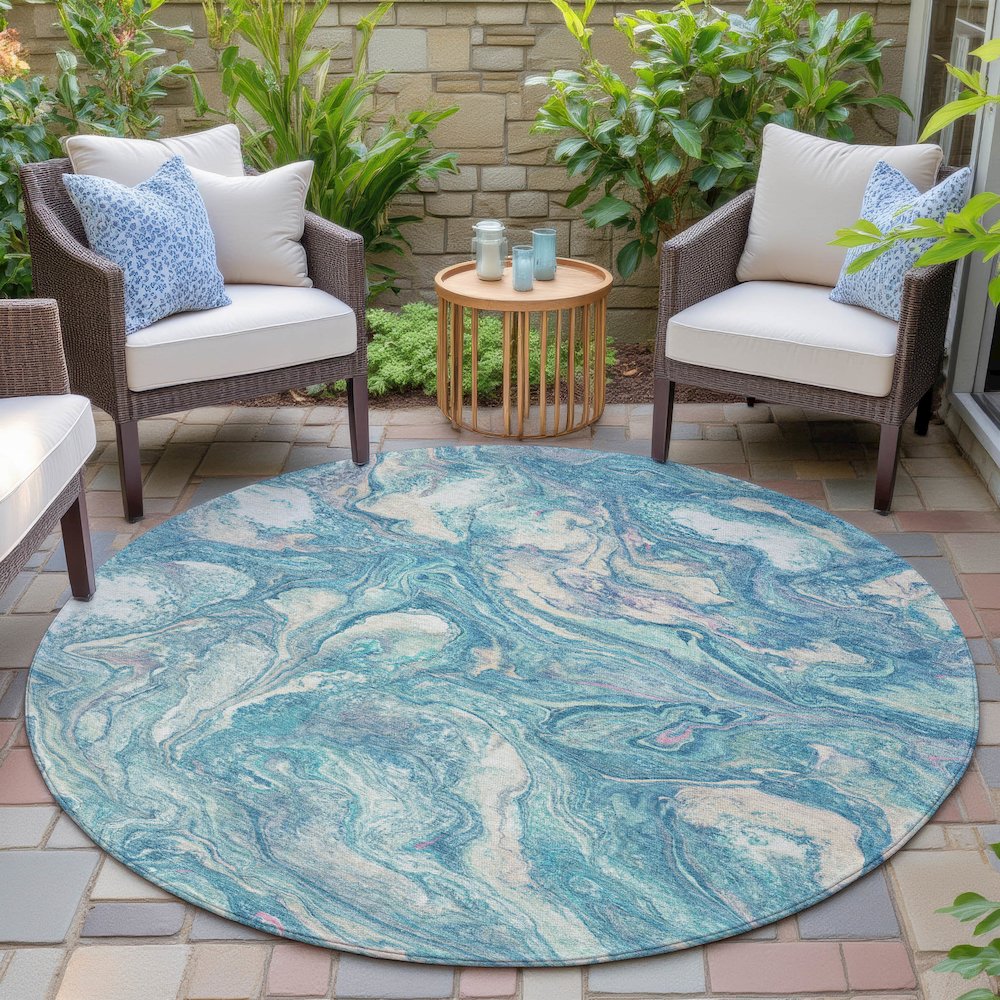 Machine Washable Indoor/Outdoor Chantille ACN2017 Teal 8' x 8' Round Rug
