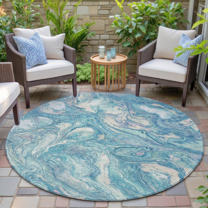 Machine Washable Indoor/Outdoor Chantille ACN2017 Teal 8' x 8' Round Rug