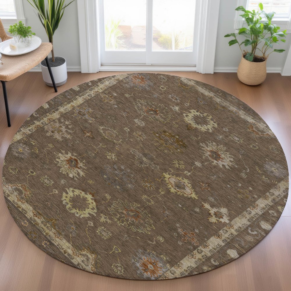 Machine Washable Indoor/Outdoor Chantille ACN2045 Chocolate 8' x 8' Round Rug