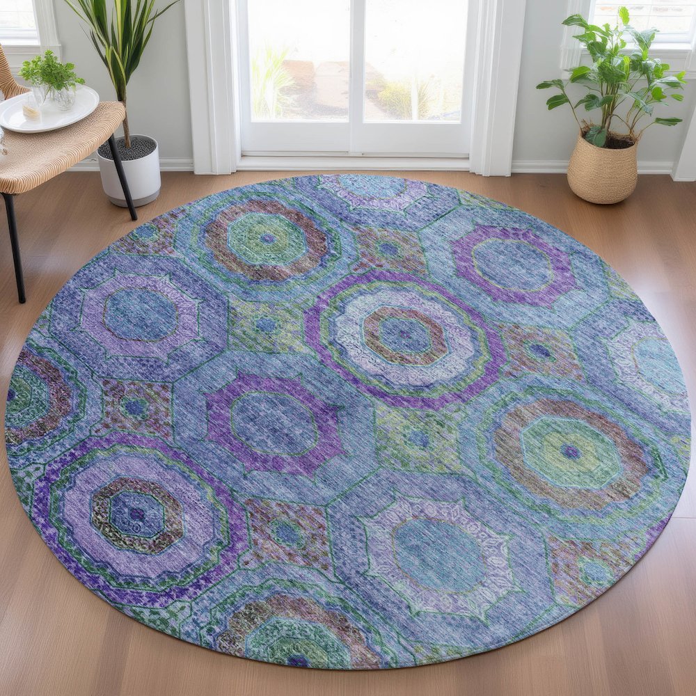 Machine Washable Indoor/Outdoor Chantille ACN2049 Blue 8' x 8' Round Rug