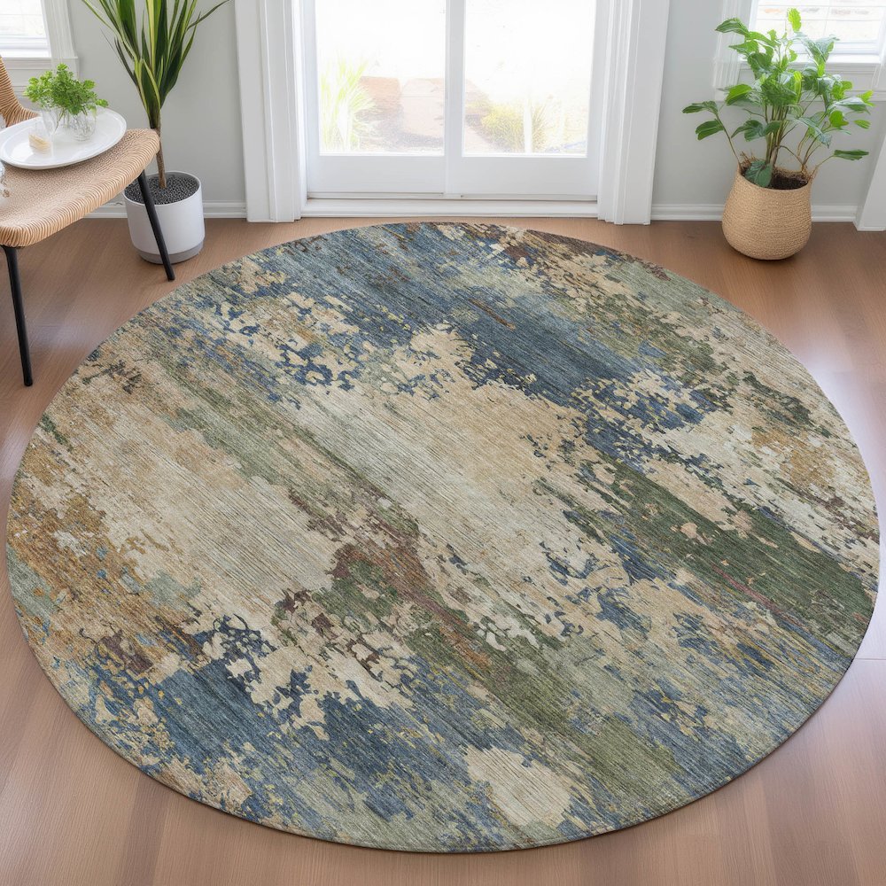 Machine Washable Indoor/Outdoor Chantille ACN2067 Blue 8' x 8' Round Rug