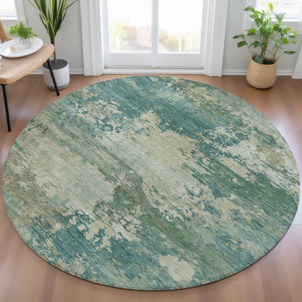 Machine Washable Indoor/Outdoor Chantille ACN2067 Teal 8' x 8' Round Rug