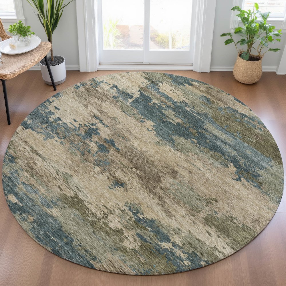 Machine Washable Indoor/Outdoor Chantille ACN2075 Teal 8' x 8' Round Rug