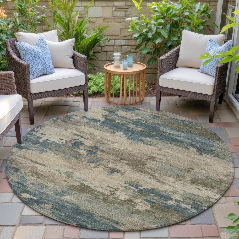 Machine Washable Indoor/Outdoor Chantille ACN2075 Teal 8' x 8' Round Rug