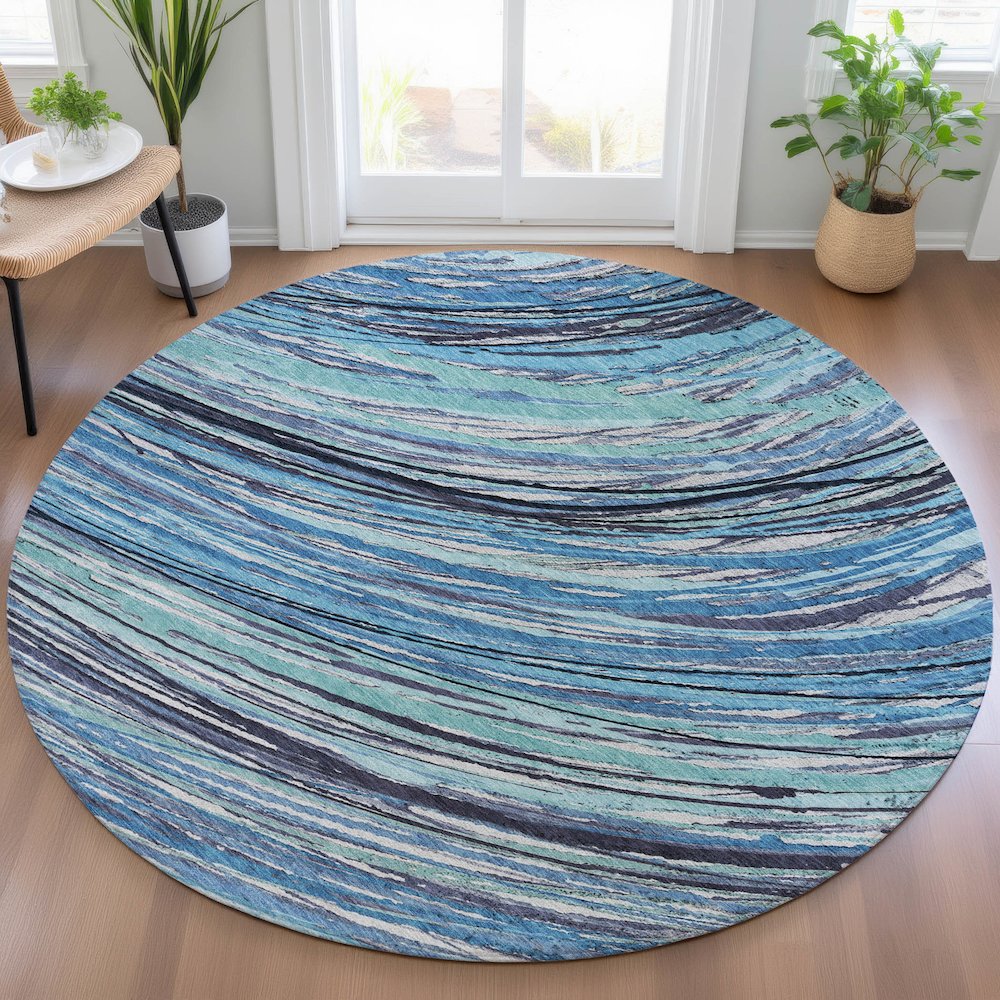 Machine Washable Indoor/Outdoor Chantille ACN2094 Blue 8' x 8' Round Rug