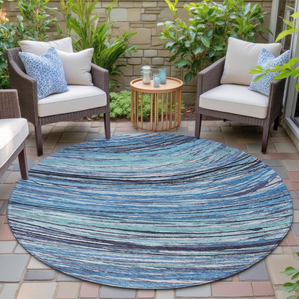 Machine Washable Indoor/Outdoor Chantille ACN2094 Blue 8' x 8' Round Rug