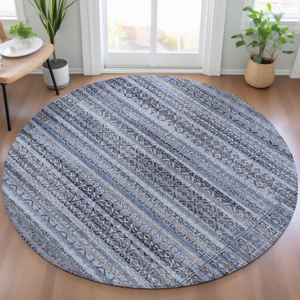 Machine Washable Indoor/Outdoor Chantille ACN2101 Blue 8' x 8' Round Rug
