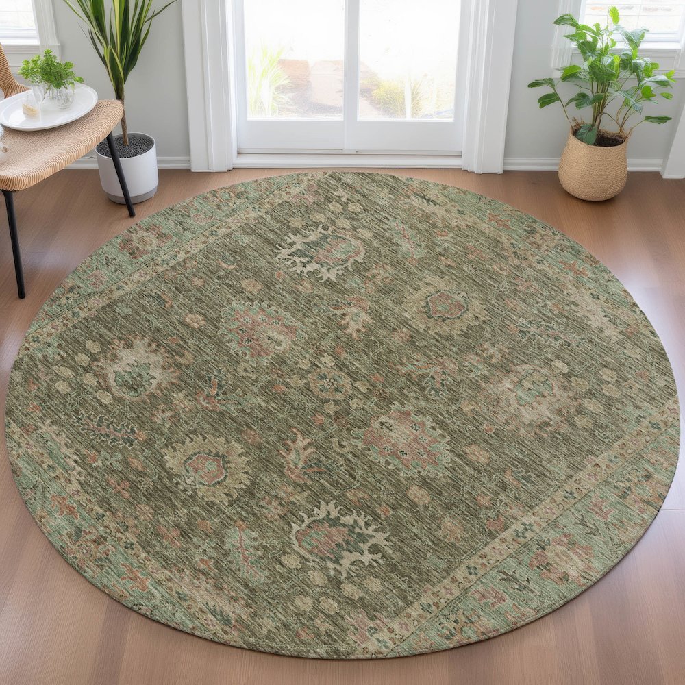 Machine Washable Indoor/Outdoor Chantille ACN2104 Olive 8' x 8' Round Rug