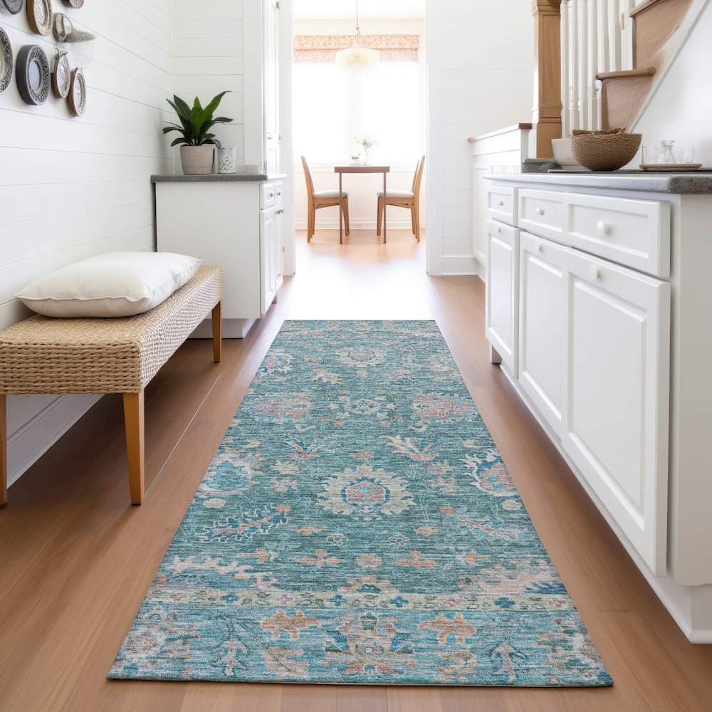Machine Washable Indoor/Outdoor Chantille ACN2104 Teal 2'3" x 7'6" Runner Rug