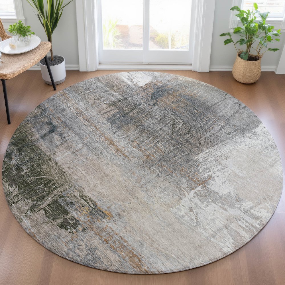Machine Washable Indoor/Outdoor Chantille ACN2117 Putty 8' x 8' Round Rug