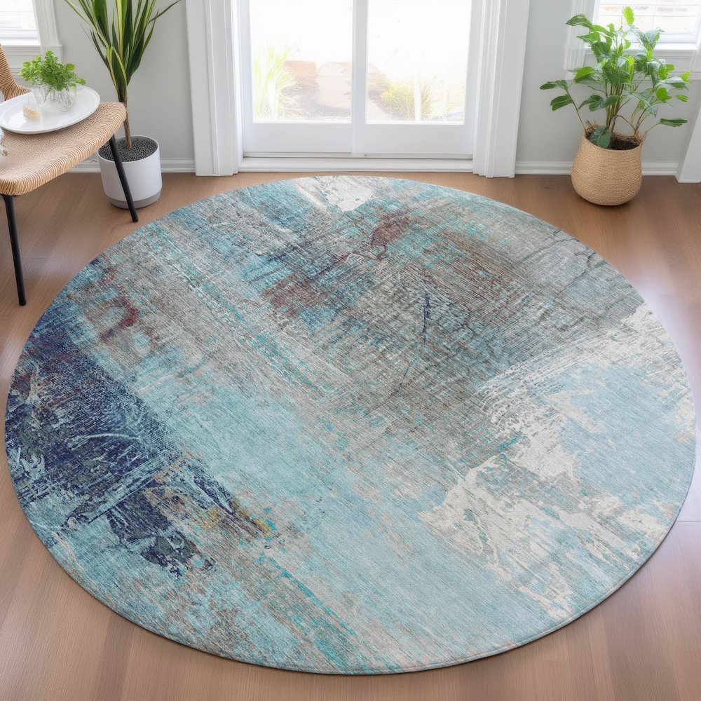 Machine Washable Indoor/Outdoor Chantille ACN2117 Teal 8' x 8' Round Rug