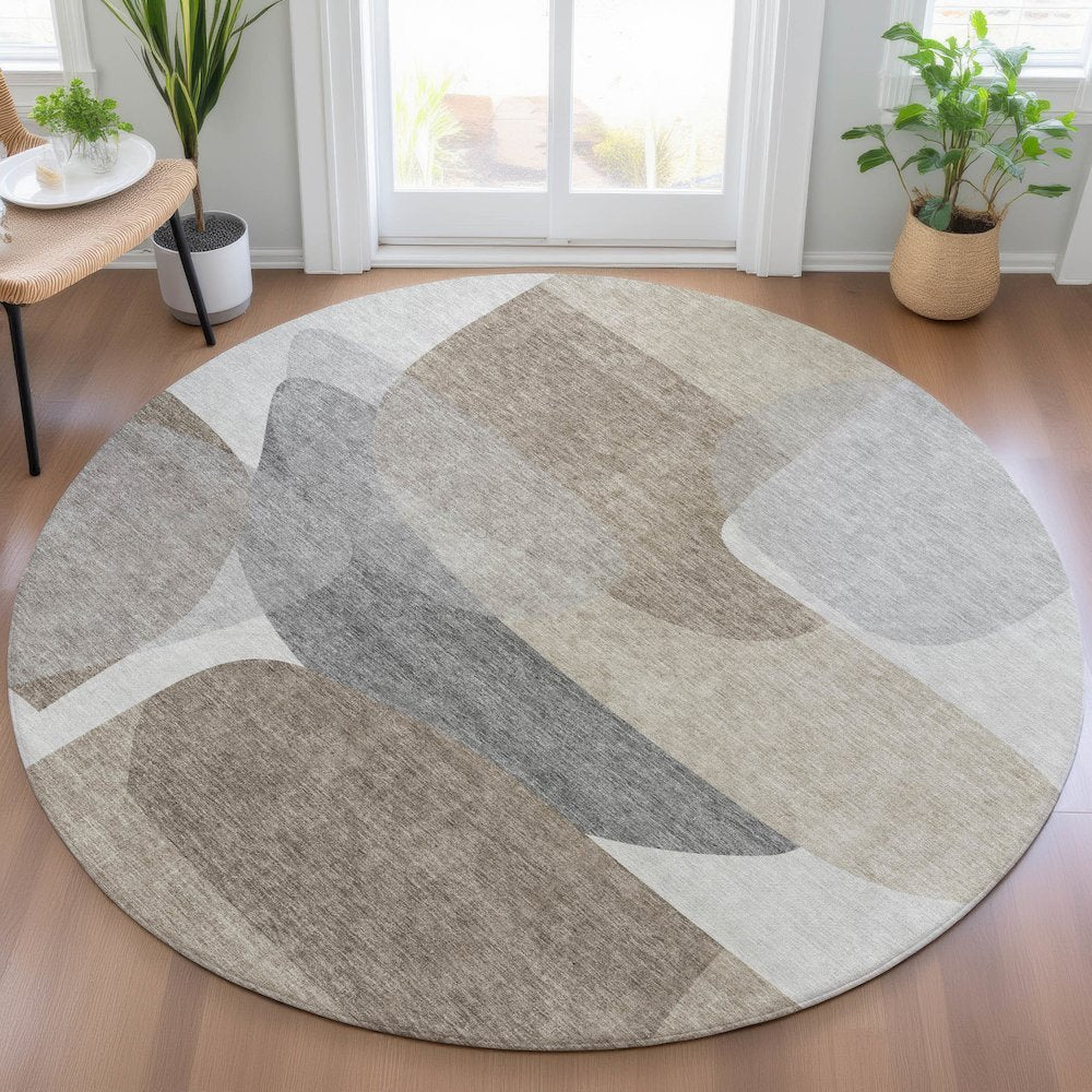 Machine Washable Indoor/Outdoor Chantille ACN2121 Taupe 8' x 8' Round Rug