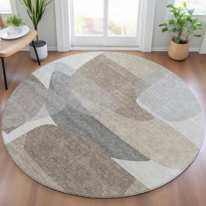 Machine Washable Indoor/Outdoor Chantille ACN2121 Taupe 8' x 8' Round Rug