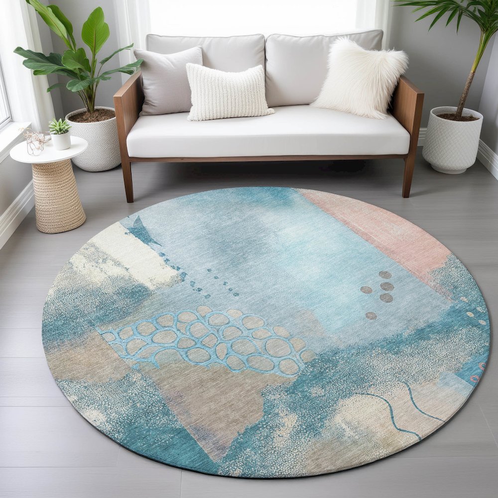 Machine Washable Indoor/Outdoor Chantille ACN2127 Teal 8' x 8' Round Rug