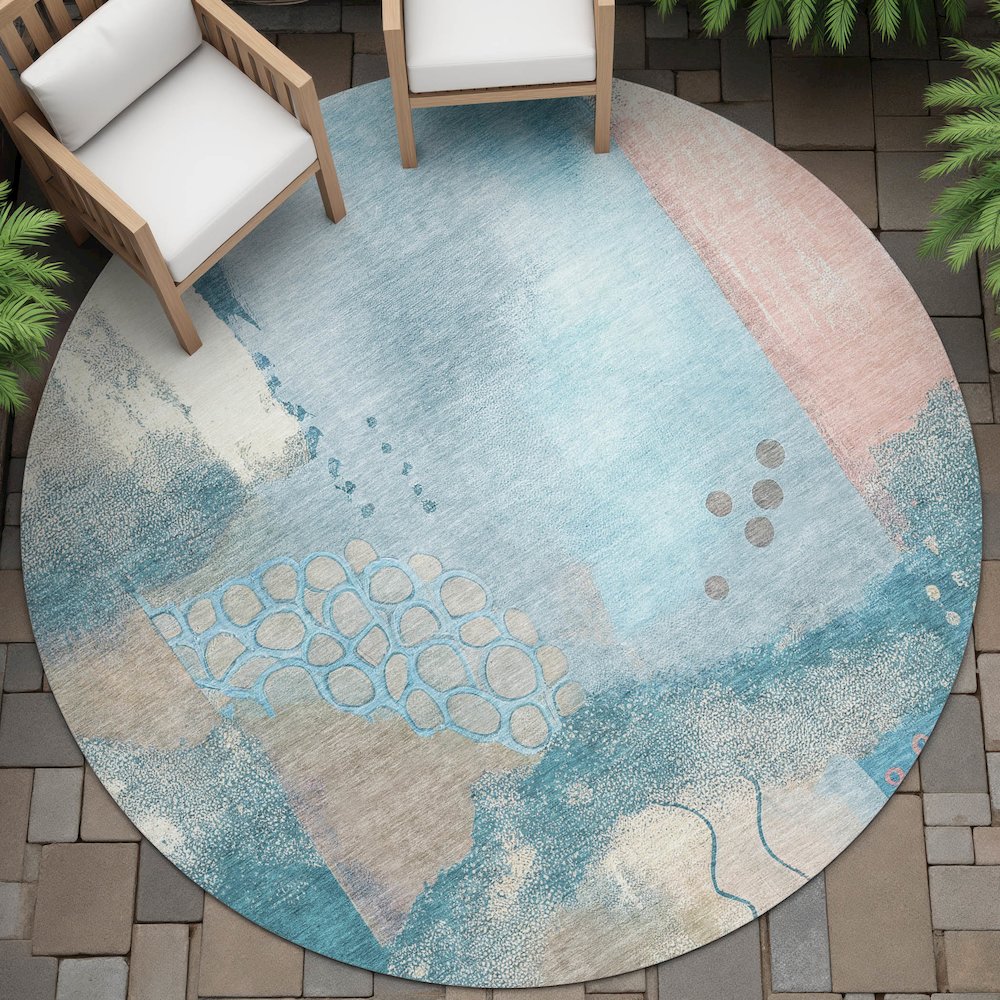 Machine Washable Indoor/Outdoor Chantille ACN2127 Teal 8' x 8' Round Rug