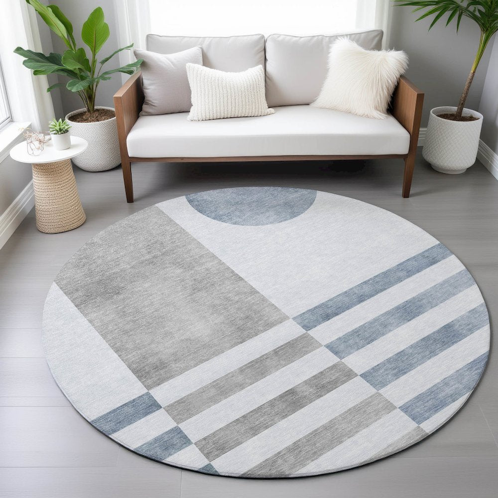 Machine Washable Indoor/Outdoor Chantille ACN2131 Blue 8' x 8' Round Rug