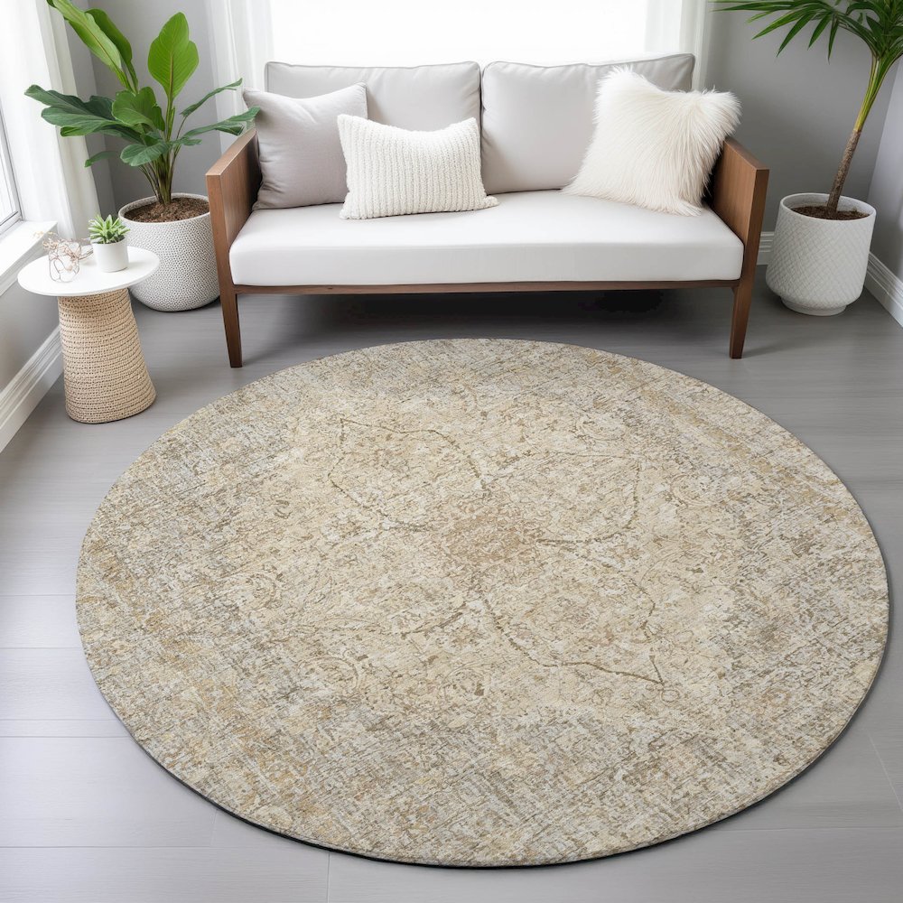 Machine Washable Indoor/Outdoor Chantille ACN2136 Beige 8' x 8' Round Rug