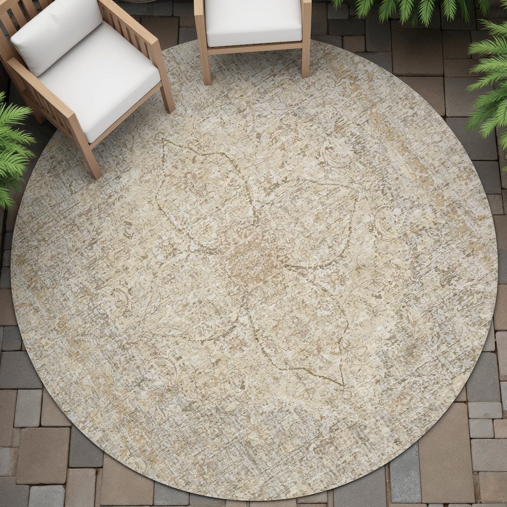 Machine Washable Indoor/Outdoor Chantille ACN2136 Beige 8' x 8' Round Rug