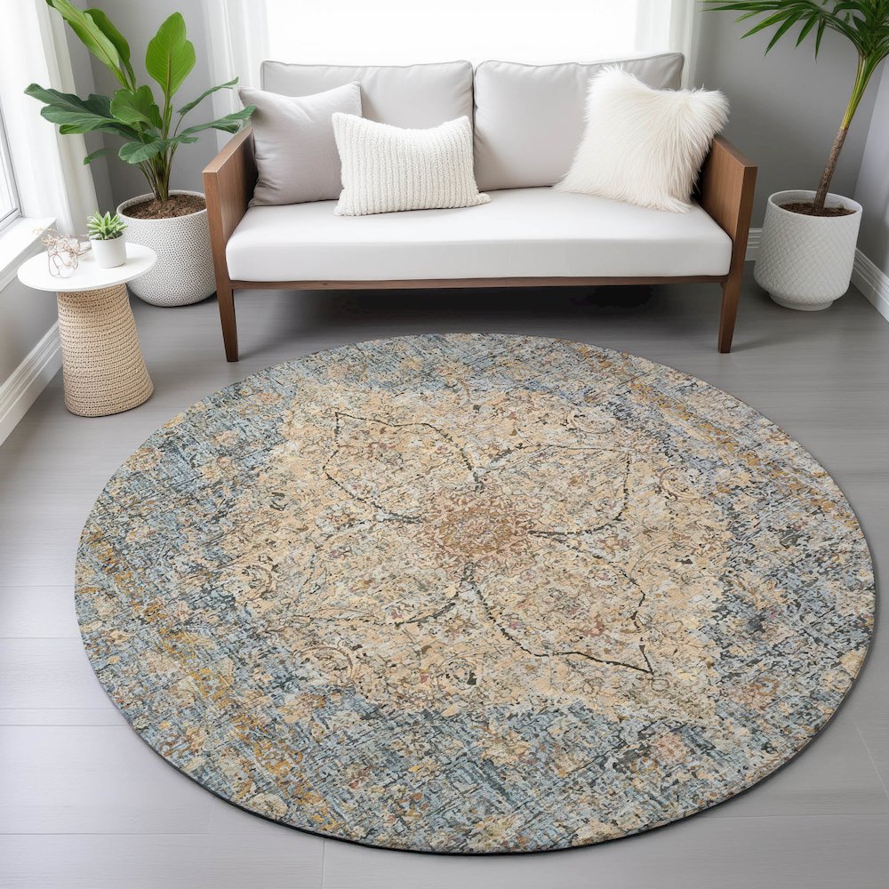 Machine Washable Indoor/Outdoor Chantille ACN2136 Blue 8' x 8' Round Rug