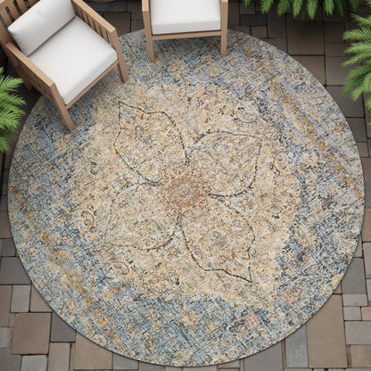 Machine Washable Indoor/Outdoor Chantille ACN2136 Blue 8' x 8' Round Rug
