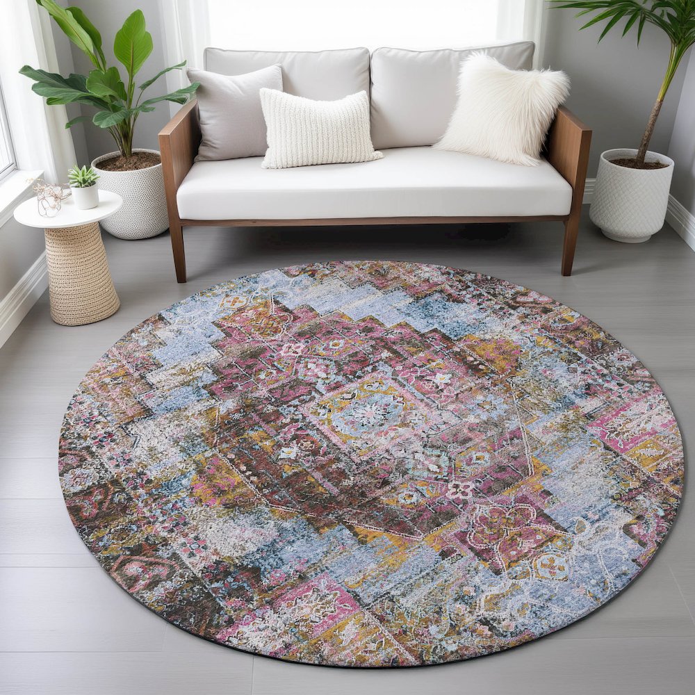 Machine Washable Indoor/Outdoor Chantille ACN2139 Pink 8' x 8' Round Rug