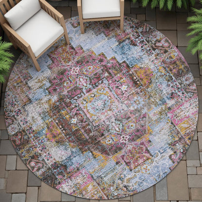 Machine Washable Indoor/Outdoor Chantille ACN2139 Pink 8' x 8' Round Rug