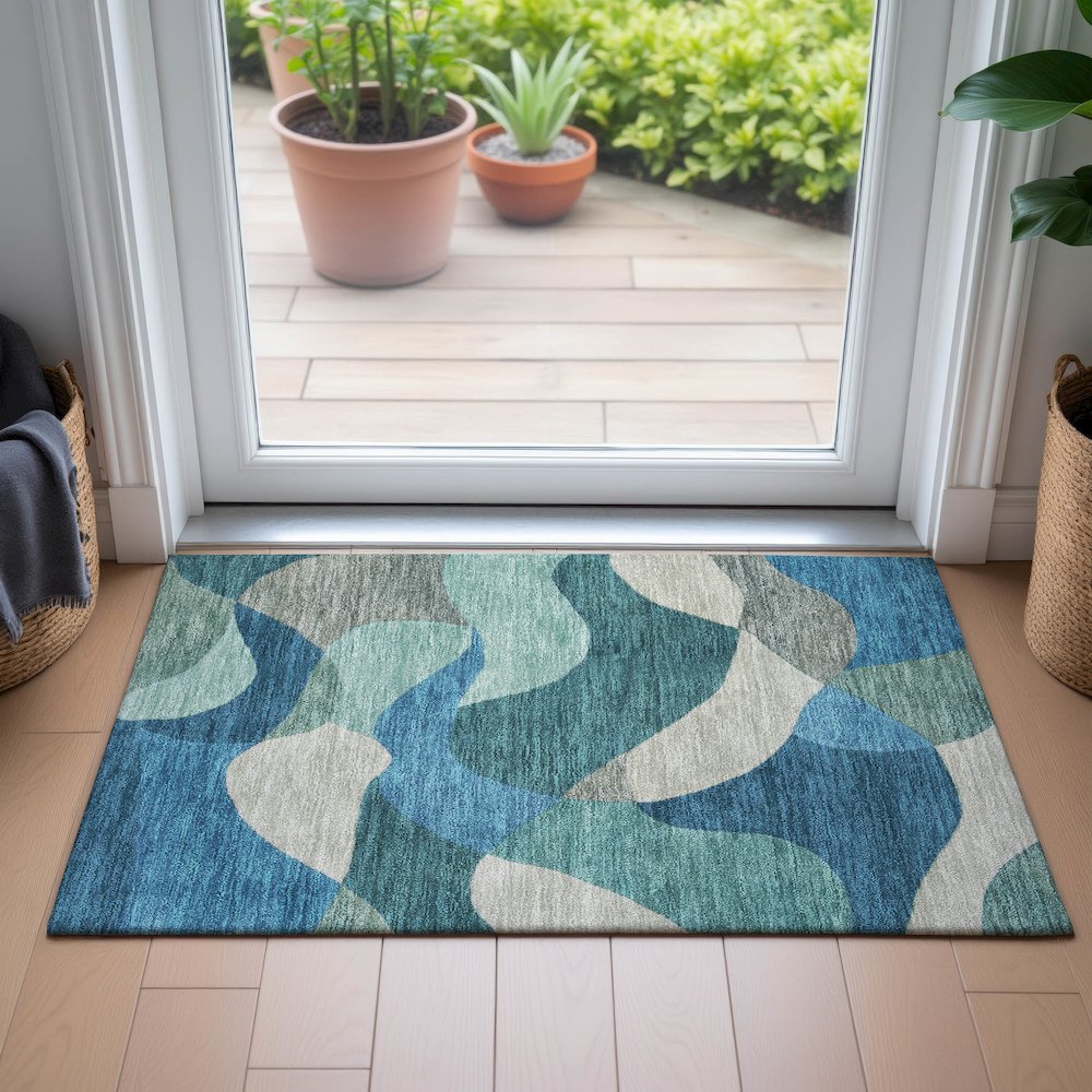 Machine Washable Indoor/Outdoor Chantille ACN2141 Teal 1'8" x 2'6" Rug