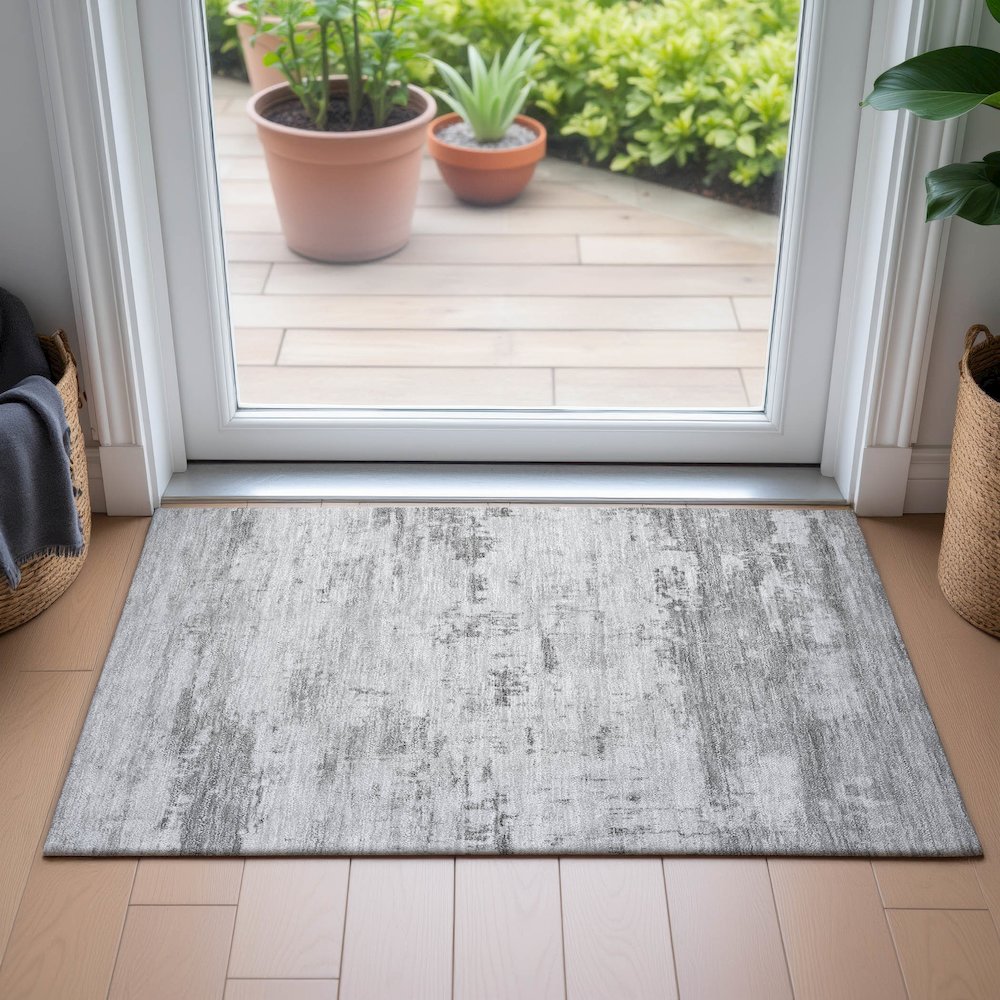Machine Washable Indoor/Outdoor Chantille ACN2145 Silver 1'8" x 2'6" Rug