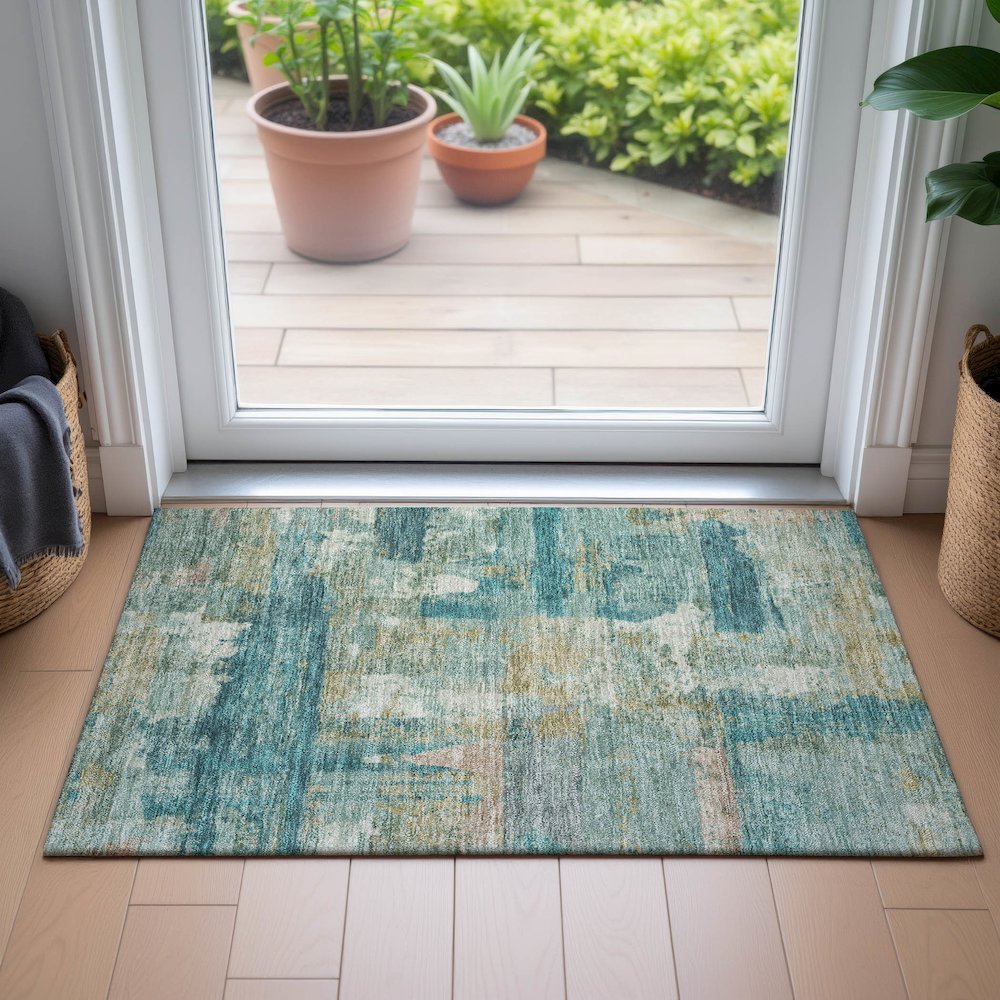 Machine Washable Indoor/Outdoor Chantille ACN2147 Teal 1'8" x 2'6" Rug
