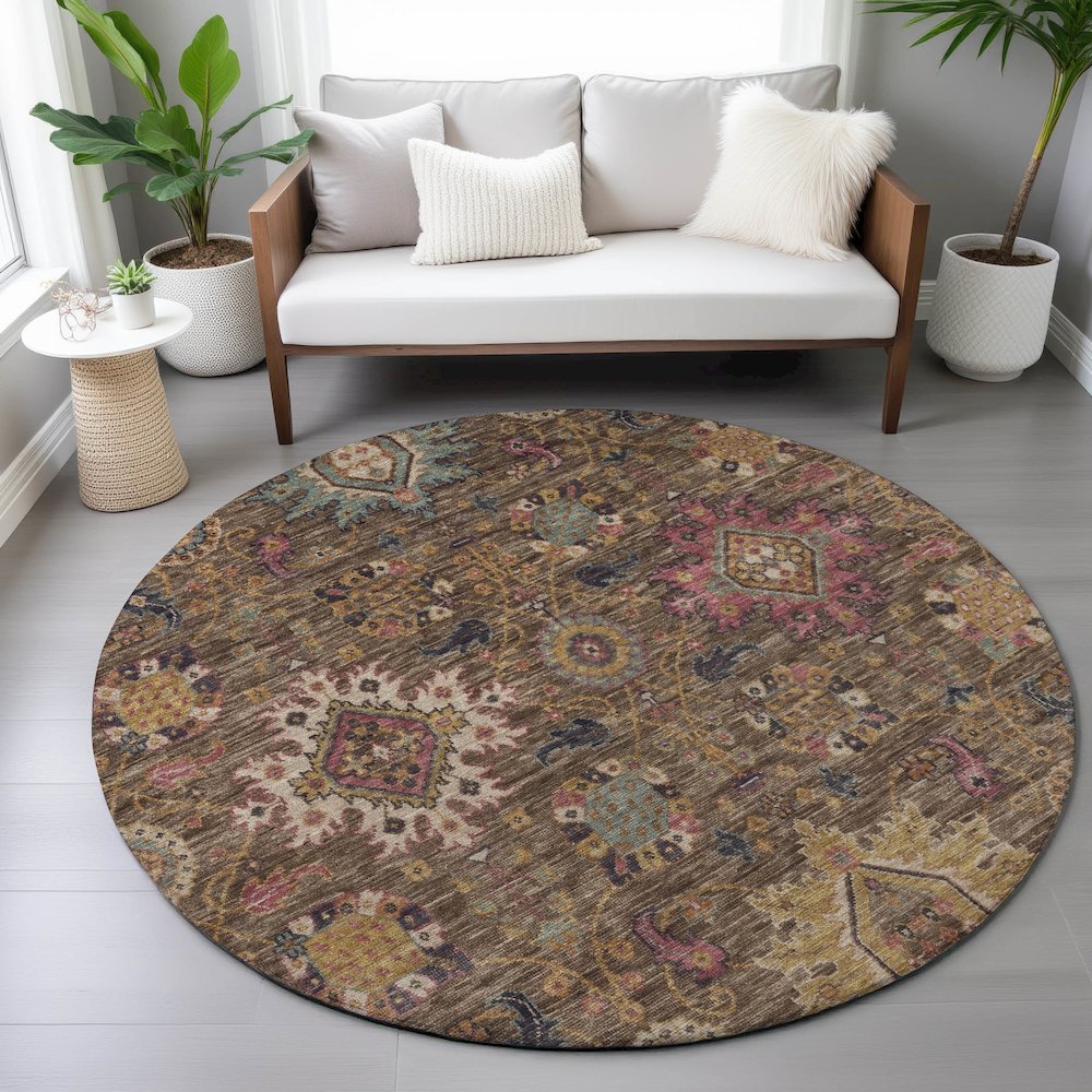 Machine Washable Indoor/Outdoor Chantille ACN2151 Chocolate 8' x 8' Round Rug